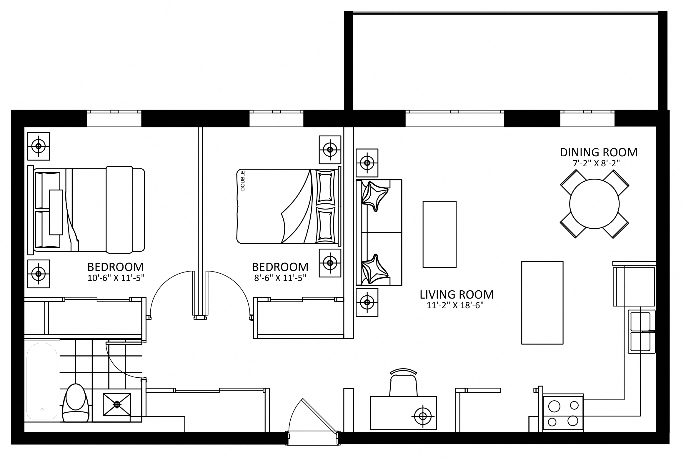 Floor plan for 2 beds, 1 bath, 825 sqft